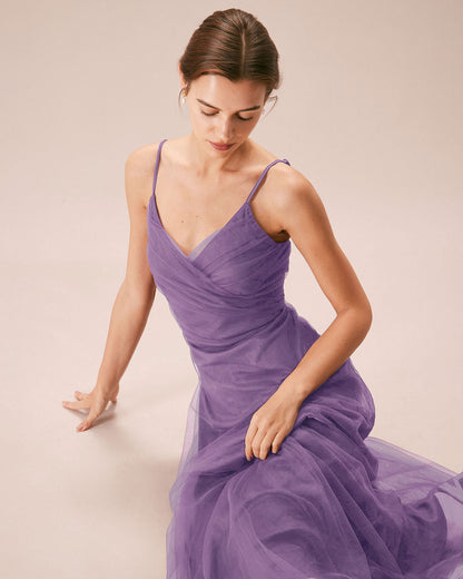 Mor File Kruvaze Slip Maxi Elbise