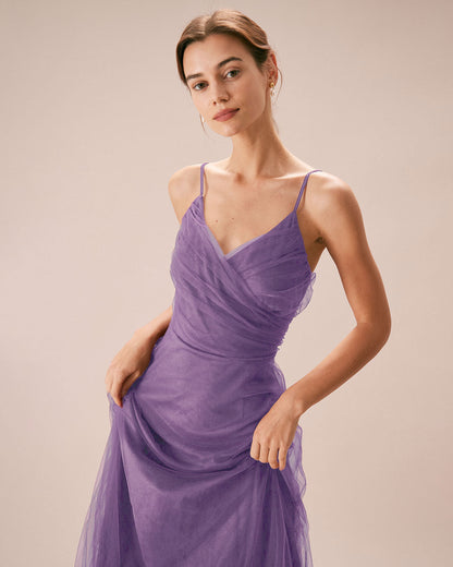 Mor File Kruvaze Slip Maxi Elbise