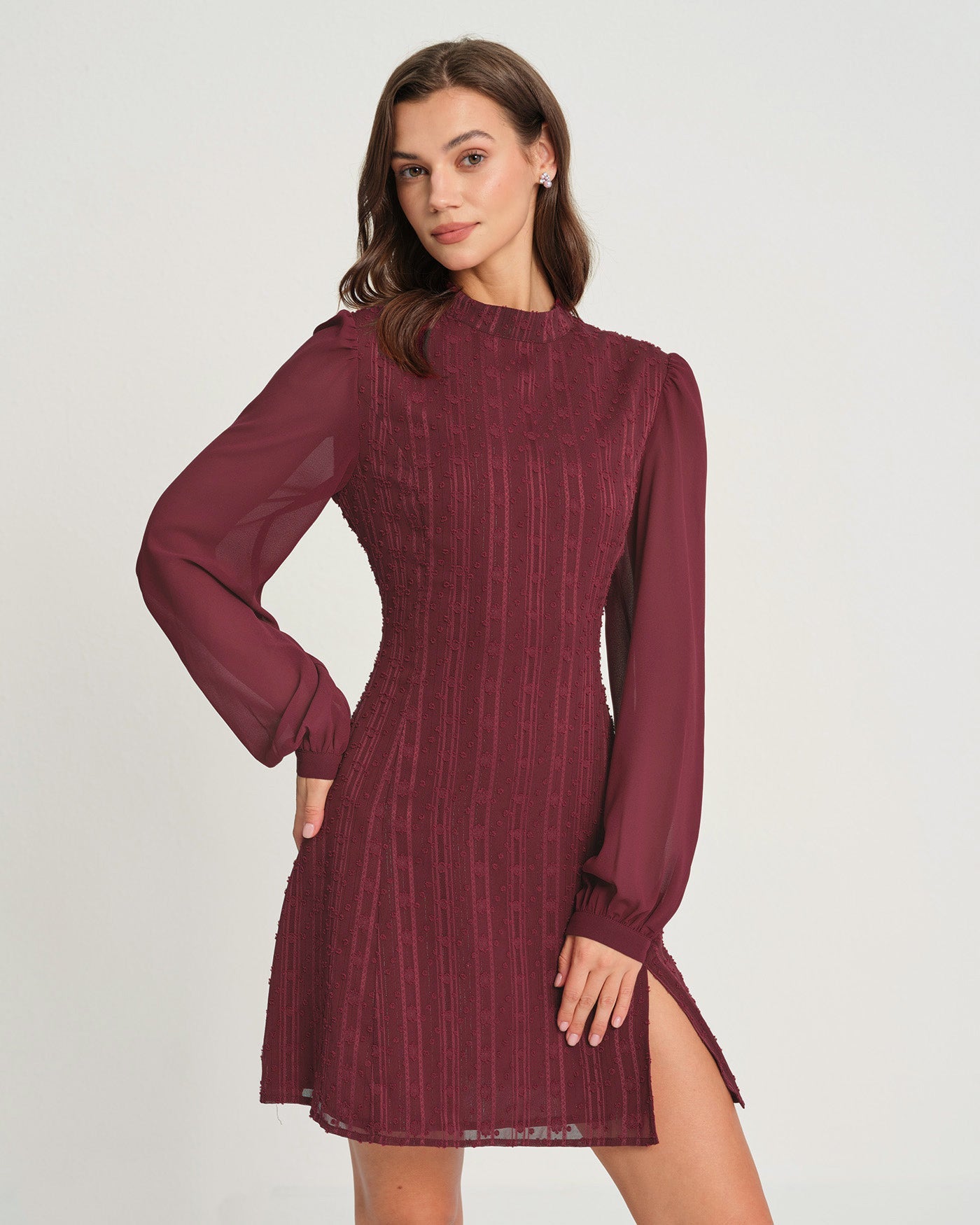 Bordo Şifon Yarım Balıkçı Yaka Mini Elbise