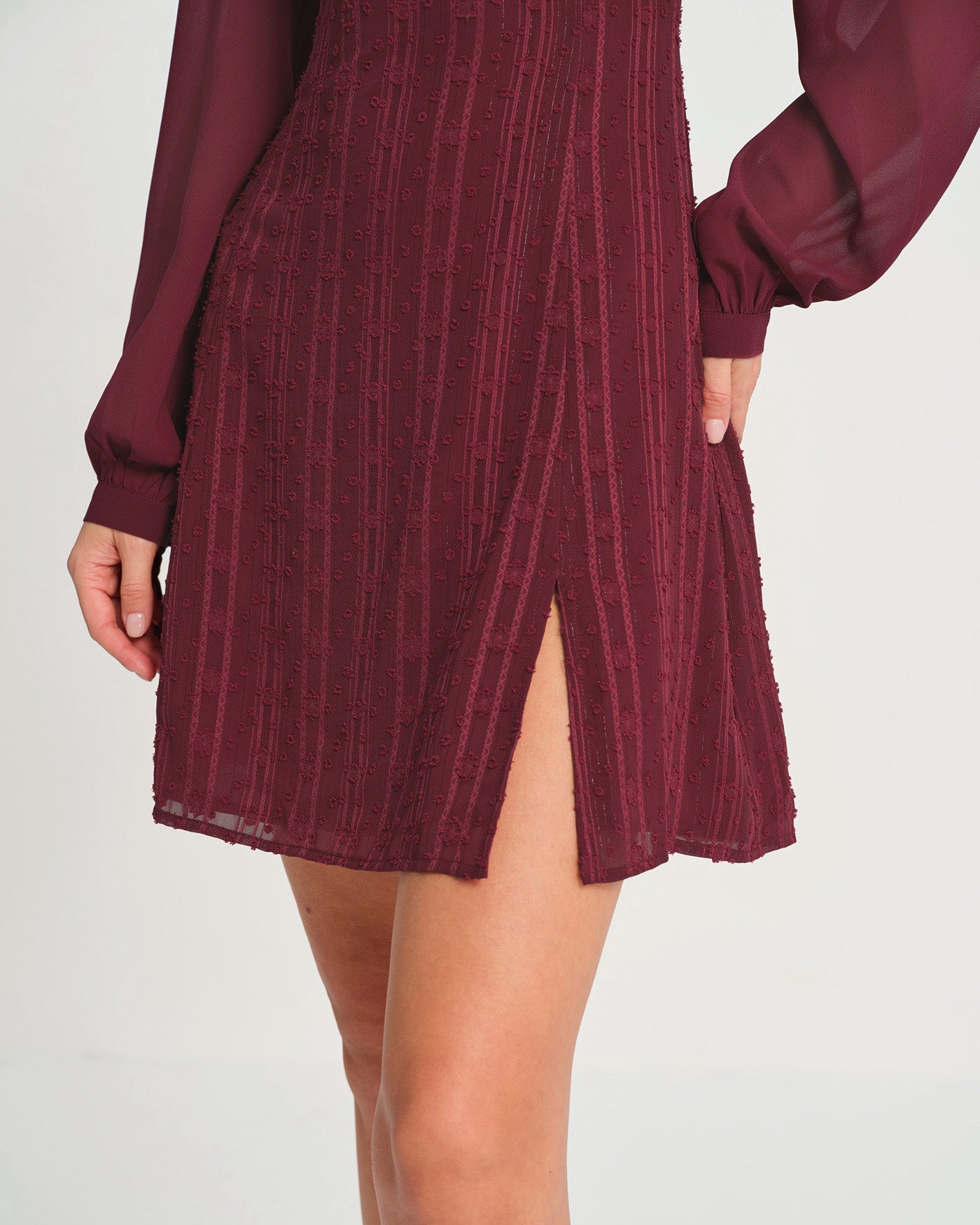 Bordo Şifon Yarım Balıkçı Yaka Mini Elbise
