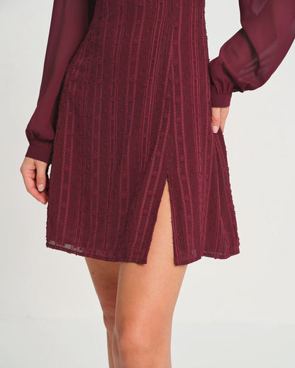 Bordo Şifon Yarım Balıkçı Yaka Mini Elbise
