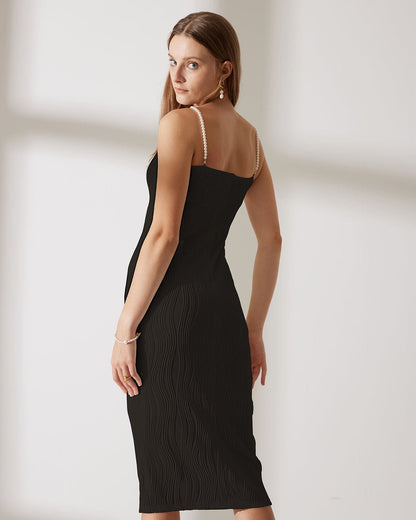 Siyah Water Ripple Dokulu Cami Elbise