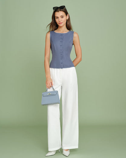 Mavi Kayık Yaka Tek Sıra Düğmeli Yelek
