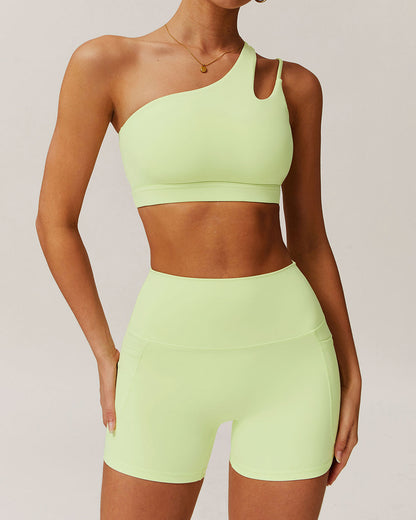 Yeşil Crop One Shoulder Yoga Cami Üst - Hafif Destekli