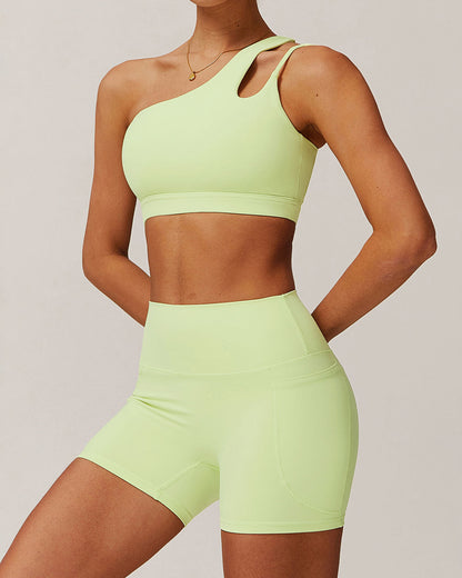 Yeşil Crop One Shoulder Yoga Cami Üst - Hafif Destekli