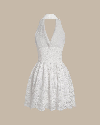 Beyaz Dantelli Collared Kolsuz Mini Elbise