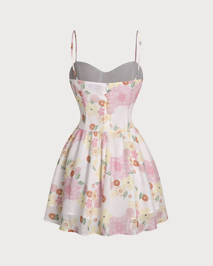 Pembe Çiçek Desenli Kalp Yaka Slip Mini Elbise