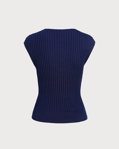 Mavi Kayık Yaka Ribbed Kısa Kap Kol Triko Tişört