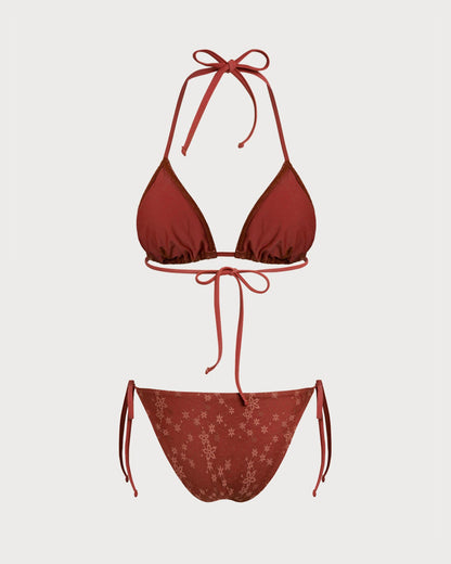 Kırmızı Boyundan Bağlamalı File Büzgü Bağlamalı Bikini Takımı