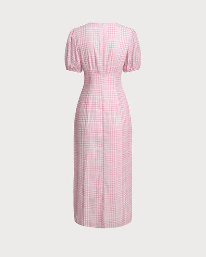 Pembe Ekoseli V-Neck Midi Elbise