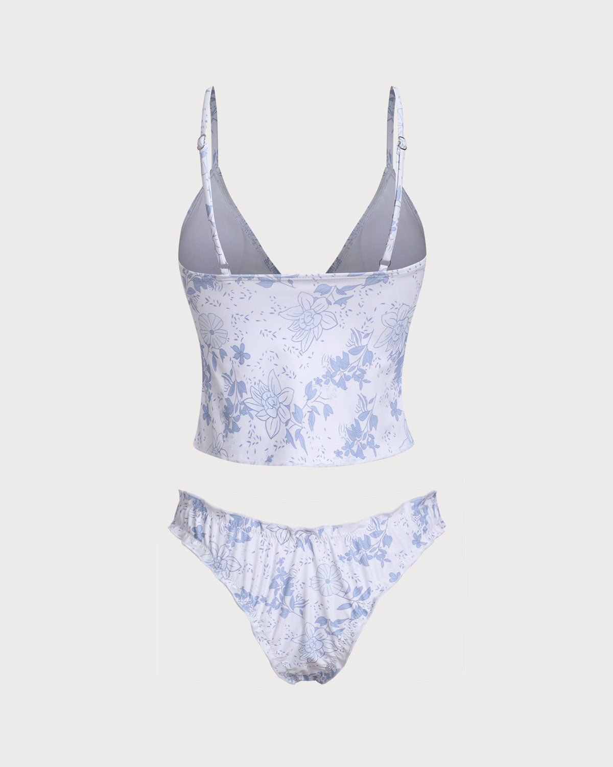 Mavi Çiçek Desenli Bağlamalı Front Tankini Set