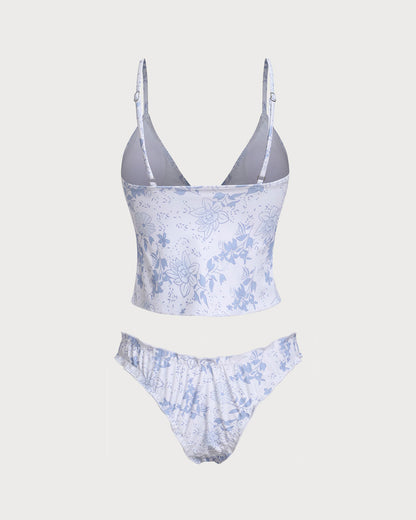 Mavi Çiçek Desenli Bağlamalı Front Tankini Set