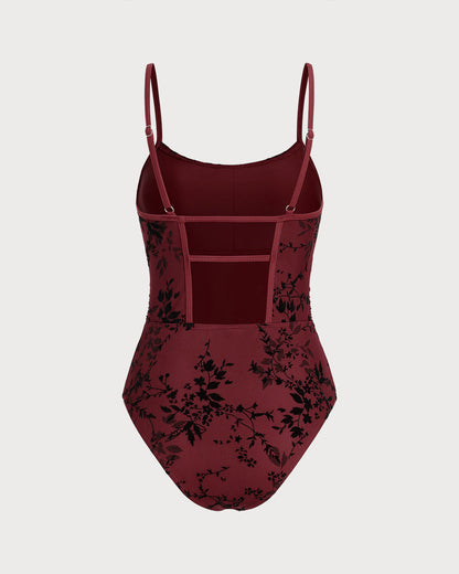 Kırmızı Çiçek Desenli Tek Parça Mayo Swimwear