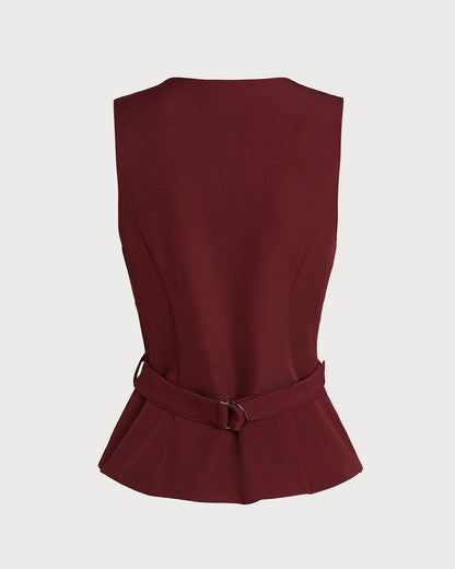Bordo Düğmeli Belted Yelek