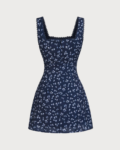 Lacivert Çiçek Desenli Kare Yaka Slip Mini Elbise
