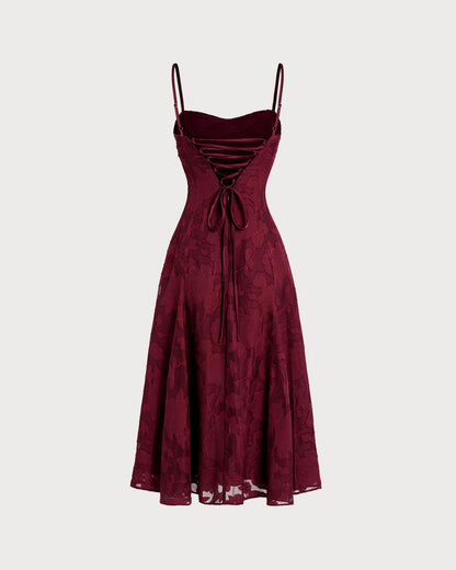Bordo Kalp Yaka Jakarlı Slip Midi Elbise