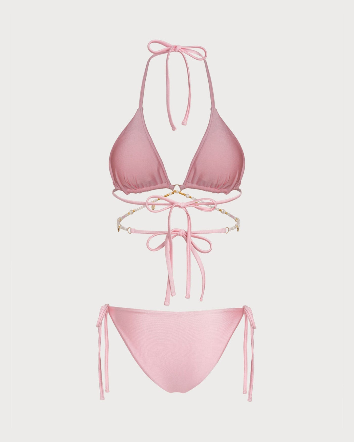 Pembe Boyundan Bağlamalı Halka Detaylı Büzgü Bağlamalı Bikini Takımı