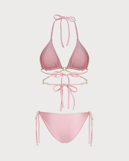 Pembe Boyundan Bağlamalı Halka Detaylı Büzgü Bağlamalı Bikini Takımı