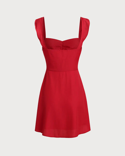 Kırmızı Kalp Yaka Slip Mini Elbise