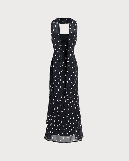 Siyah Puantiyeli Slip Maxi Elbise