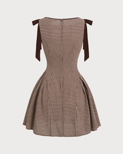 Kahverengi Gingham Bağlamalı Askılı Mini Elbise