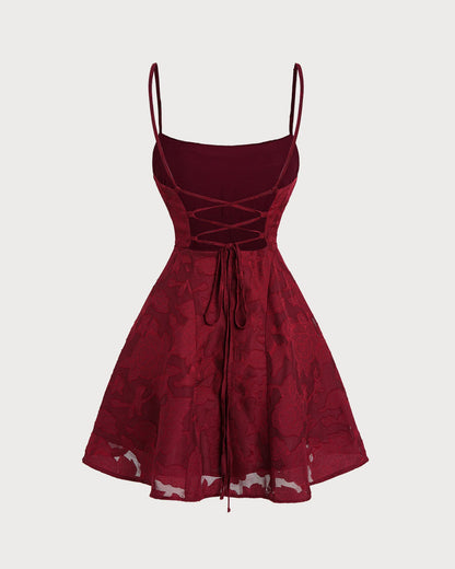 Bordo Çiçek Desenli Sırtı Açık Slip Mini Elbise
