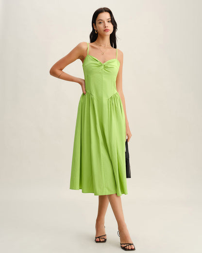 Yeşil Kalp Yaka Slip Midi Elbise
