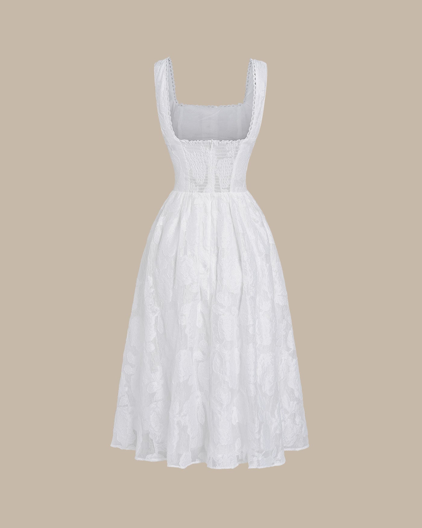 Beyaz Jakarlı Büzgülü Slip Midi Elbise