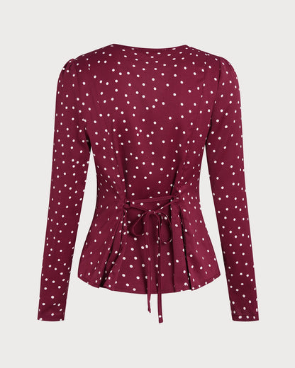 Bordo Puantiyeli V Yaka Bluz