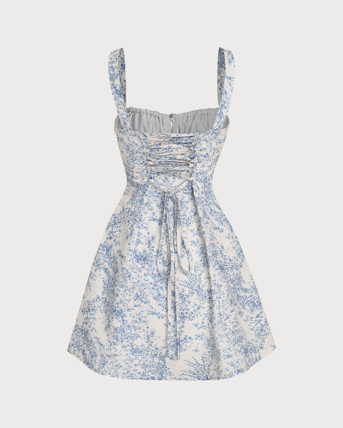 Mavi Çiçek Desenli Büzgülü Slip Corset Mini Elbise