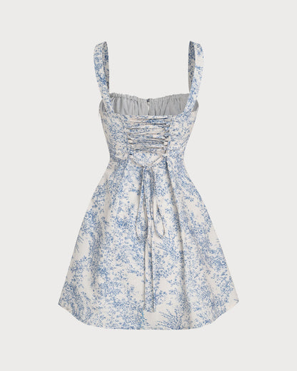 Mavi Çiçek Desenli Büzgülü Slip Corset Mini Elbise