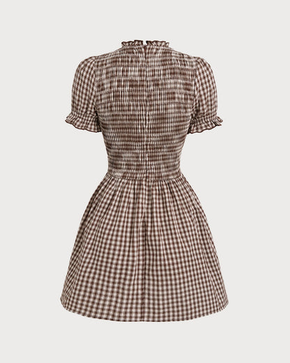 Kahve Gingham Balon Kol Mini Elbise