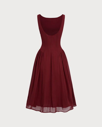 Bordo Şifon Kolsuz Midi Elbise