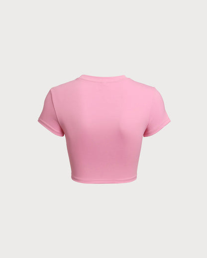 Pembe Yuvarlak Yaka Yoga Kısa Sleeve Üst - Hafif Destekli