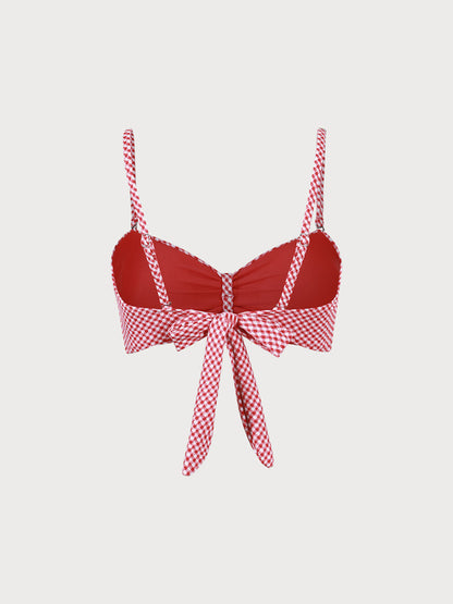 Kırmızı Ekoseli Büzgülü Bikini Üst