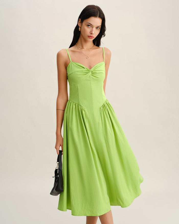 Yeşil Kalp Yaka Slip Midi Elbise