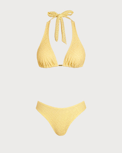 Sarı Jakarlı Dokulu Bikini Takımı