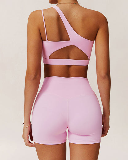 Pembe Crop One Shoulder Yoga Cami Üst - Hafif Destekli