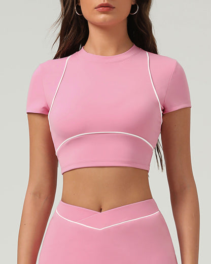 Pembe Yuvarlak Yaka Yoga Kısa Sleeve Üst - Hafif Destekli