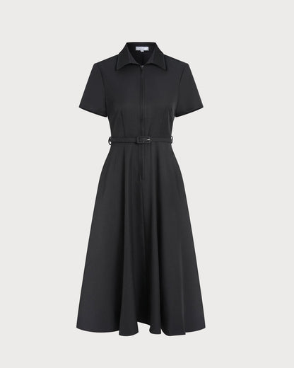 Siyah A Kesim Belted Midi Elbise