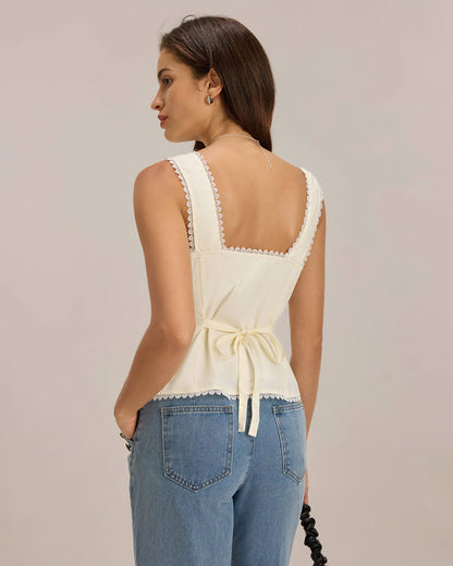Bej Yelek V Yaka Dantelli Bağlamalı-Back Yelek