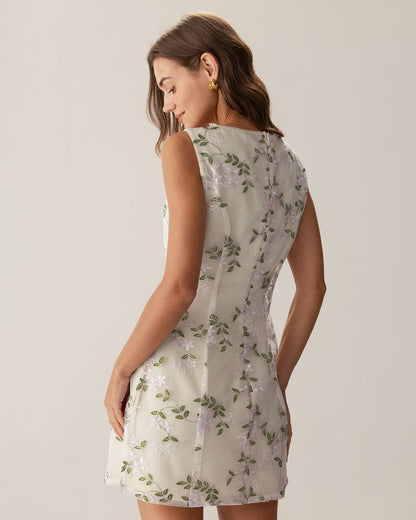 Bej Kare Yaka Nakışlı Yırtmaçlı Slip Mini Elbise