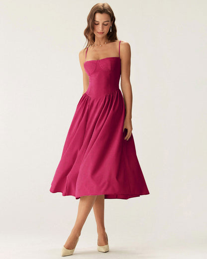 Bordo Kare Yaka Cep Detaylı Slip Midi Elbise
