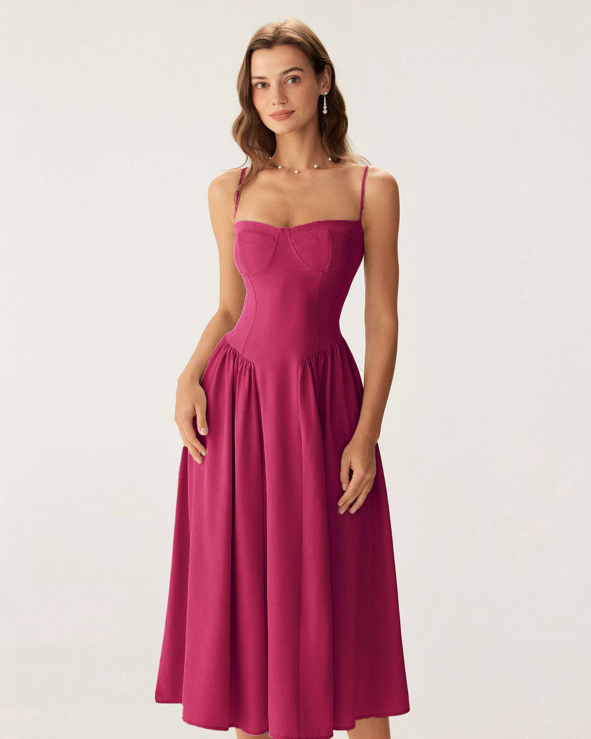 Bordo Kare Yaka Cep Detaylı Slip Midi Elbise