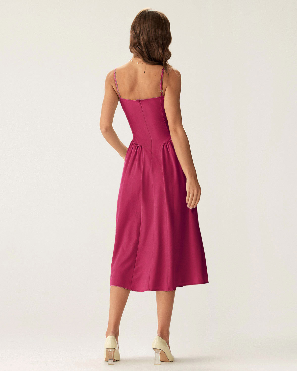 Bordo Kare Yaka Cep Detaylı Slip Midi Elbise