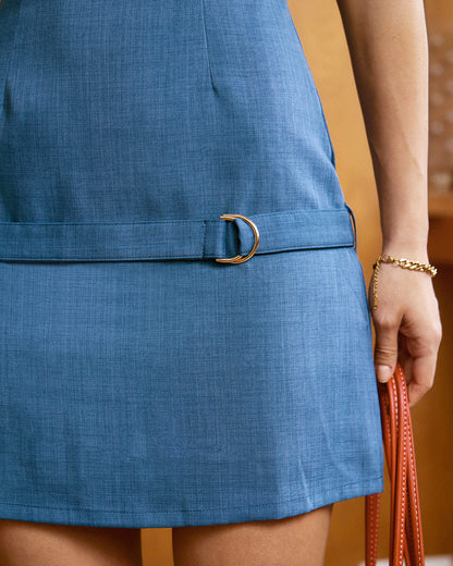 Mavi Kayık Yaka Belted Mini Elbise