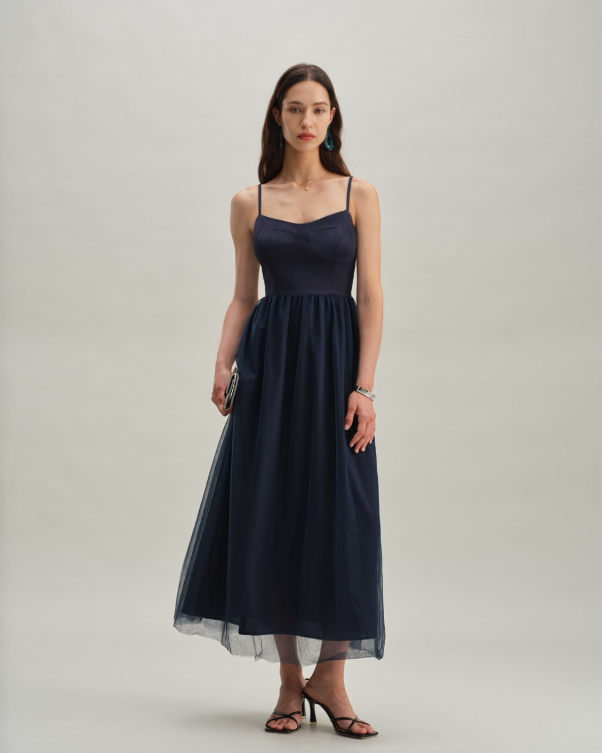 Mavi Büzgülü Flowy Slip Maxi Elbise