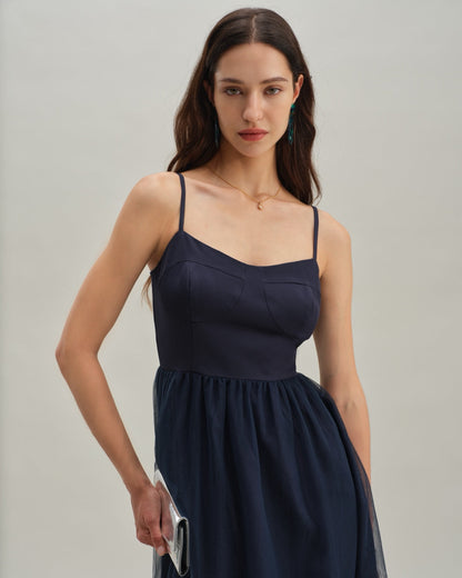 Mavi Büzgülü Flowy Slip Maxi Elbise
