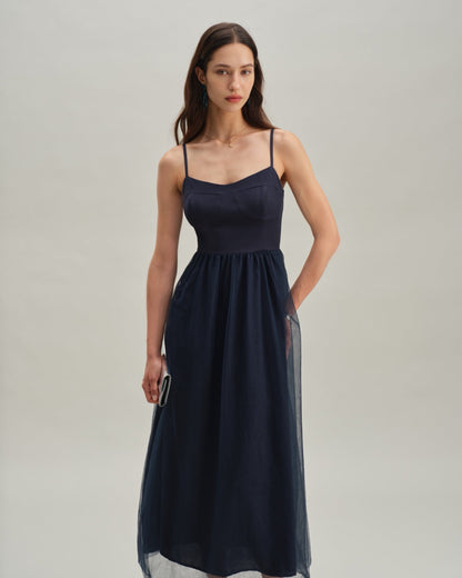 Mavi Büzgülü Flowy Slip Maxi Elbise