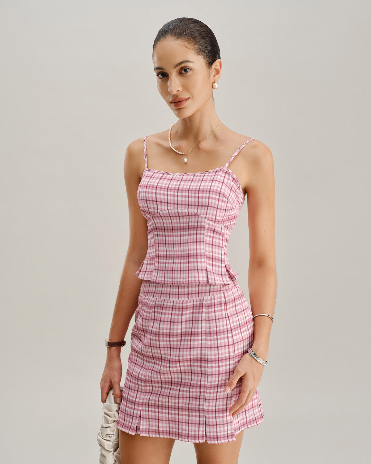 Pembe Ekoseli Düz Mini Etek